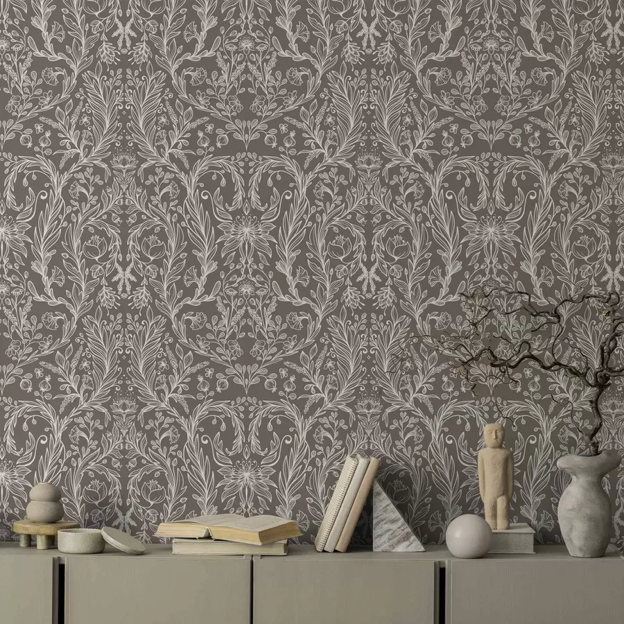 fotószőnyeg Monokróm botanikai mintázat meleg barna alapon a00929v2