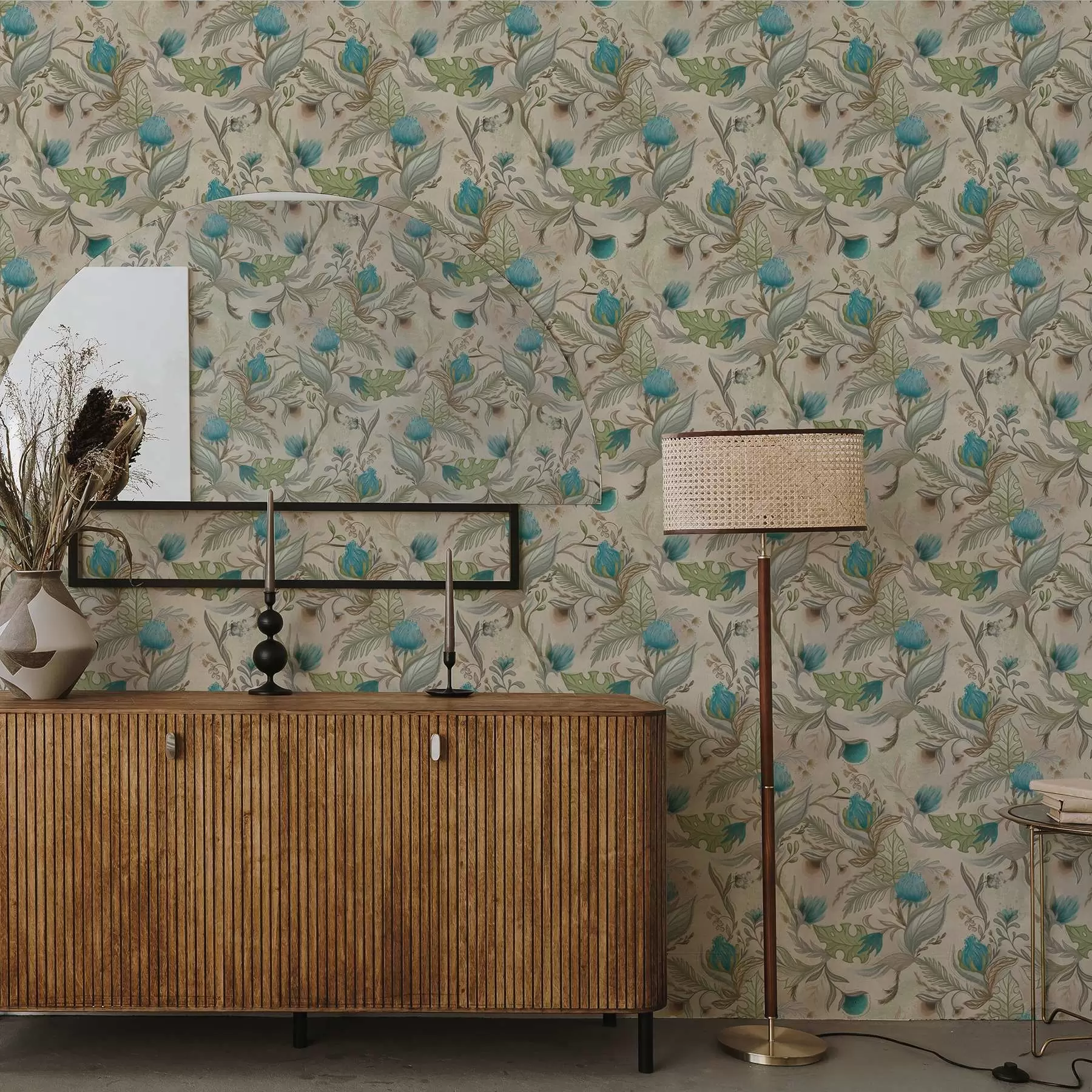 fotószőnyeg Kék rügyek és levelek világos bézs háttér előtt a00930