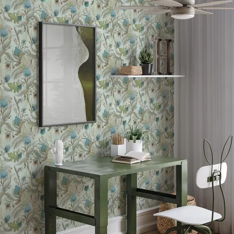 fotószőnyeg Kék virágok és zöld növényzet lágy menta háttér előtt a00930v1