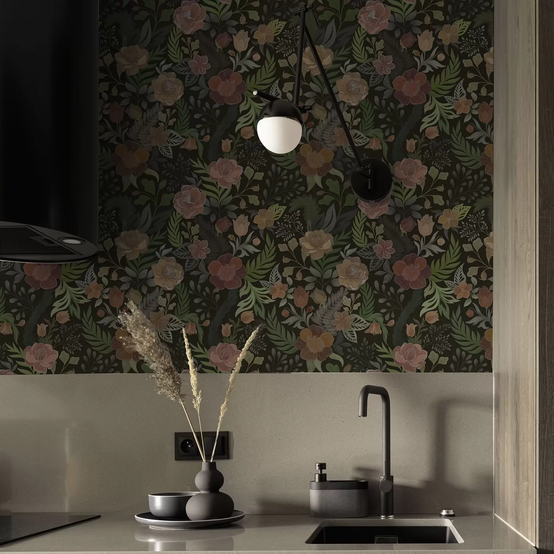 fotószőnyeg Gazdag virágok és zöld növényzet mély, sötét háttér előtt a00932