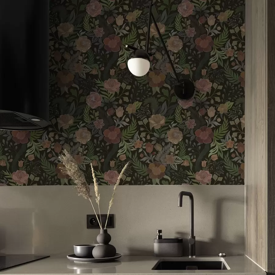 fotószőnyeg Gazdag virágok és zöld növényzet mély, sötét háttér előtt a00932