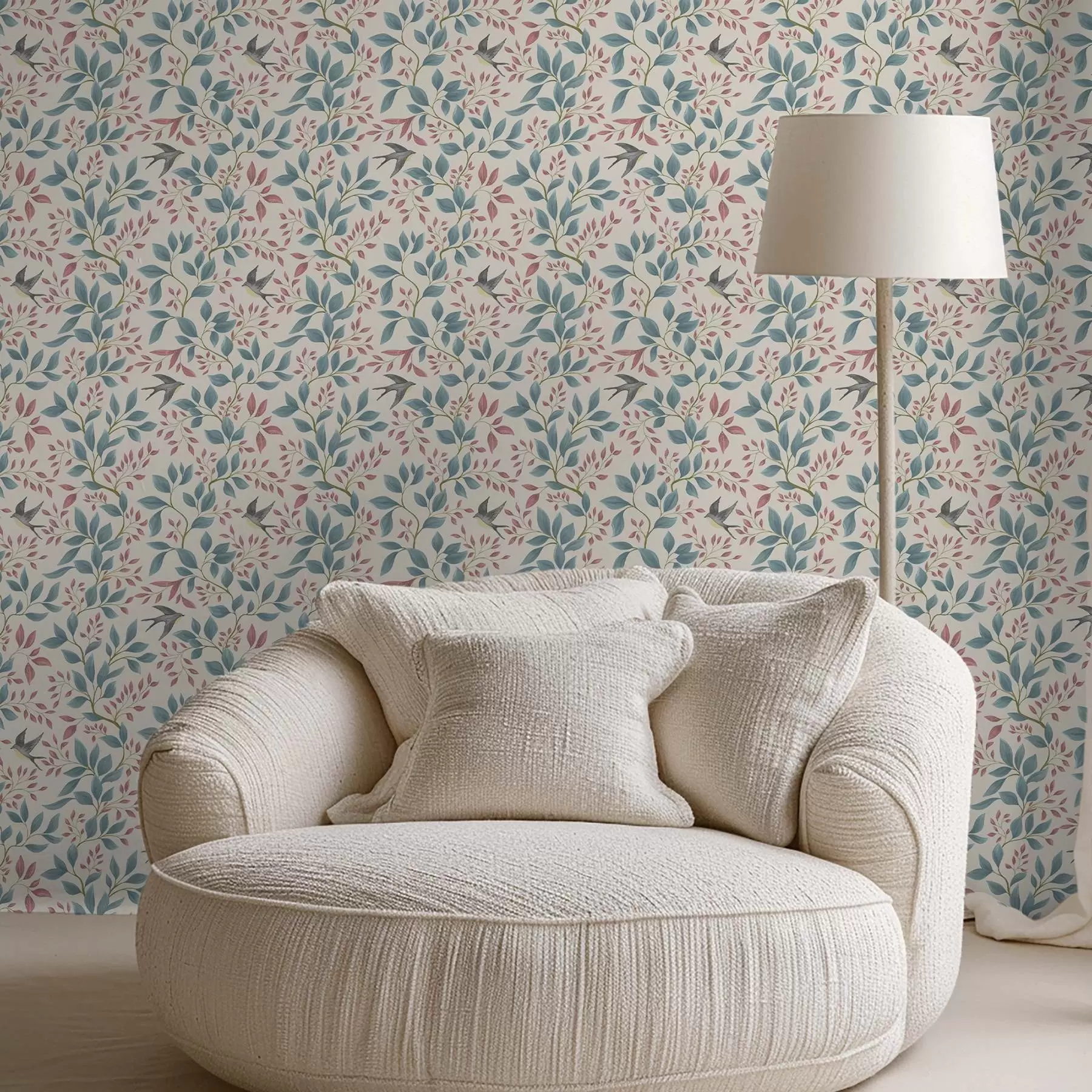 fotószőnyeg Kék és rózsaszín ágak madarakkal krém színű háttérrel a00933