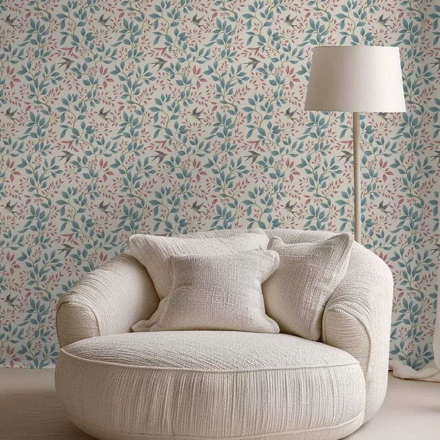 fotószőnyeg Kék és rózsaszín ágak madarakkal krém színű háttérrel a00933