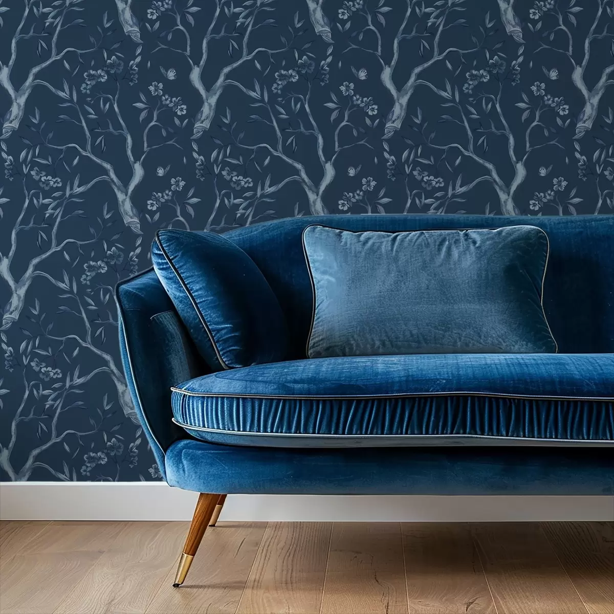 Háttérkép Kék virágos ágak pillangókkal sötét háttér előtt a00951v1