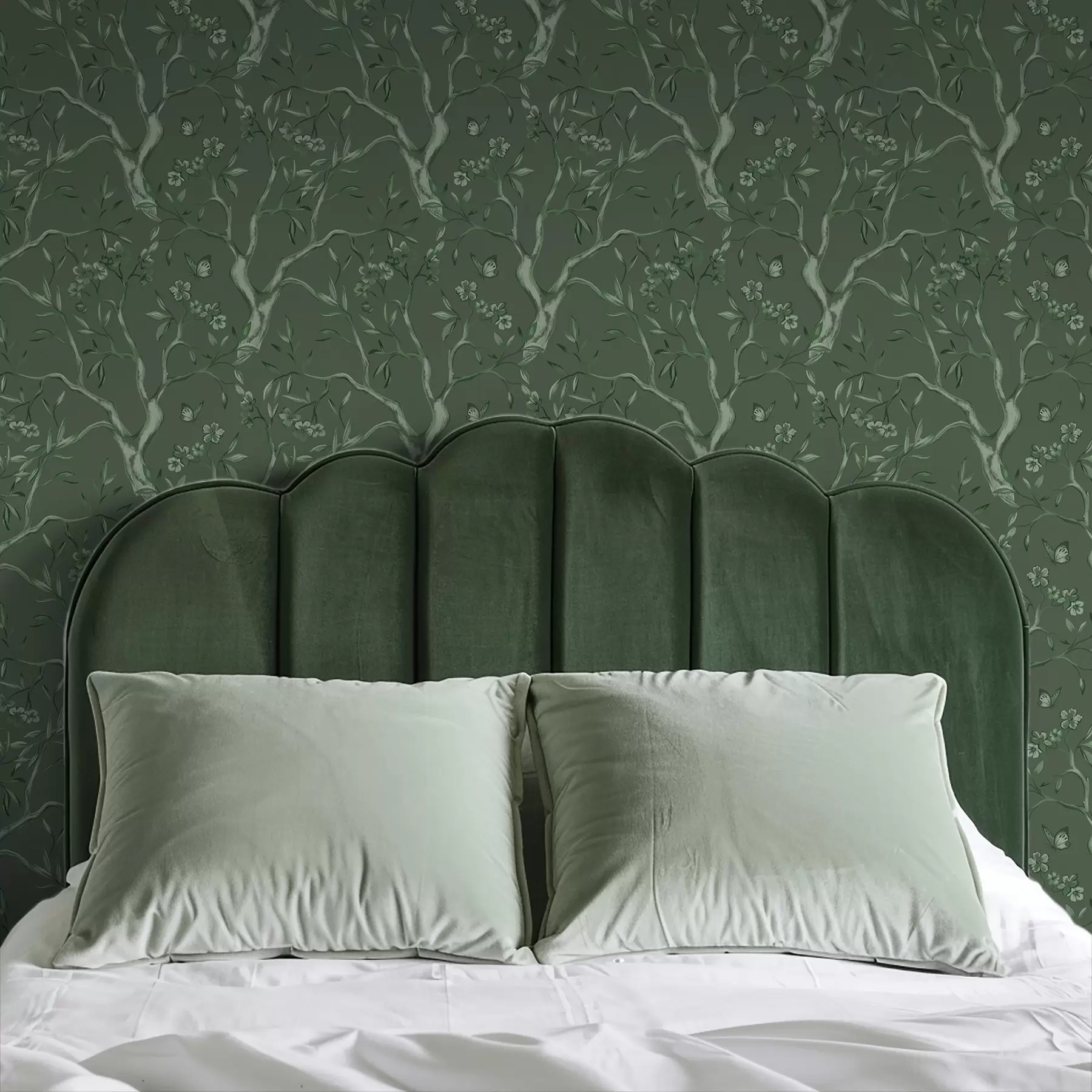 fotószőnyeg Zöld virágos ágak pillangókkal mély háttér előtt a00951v3