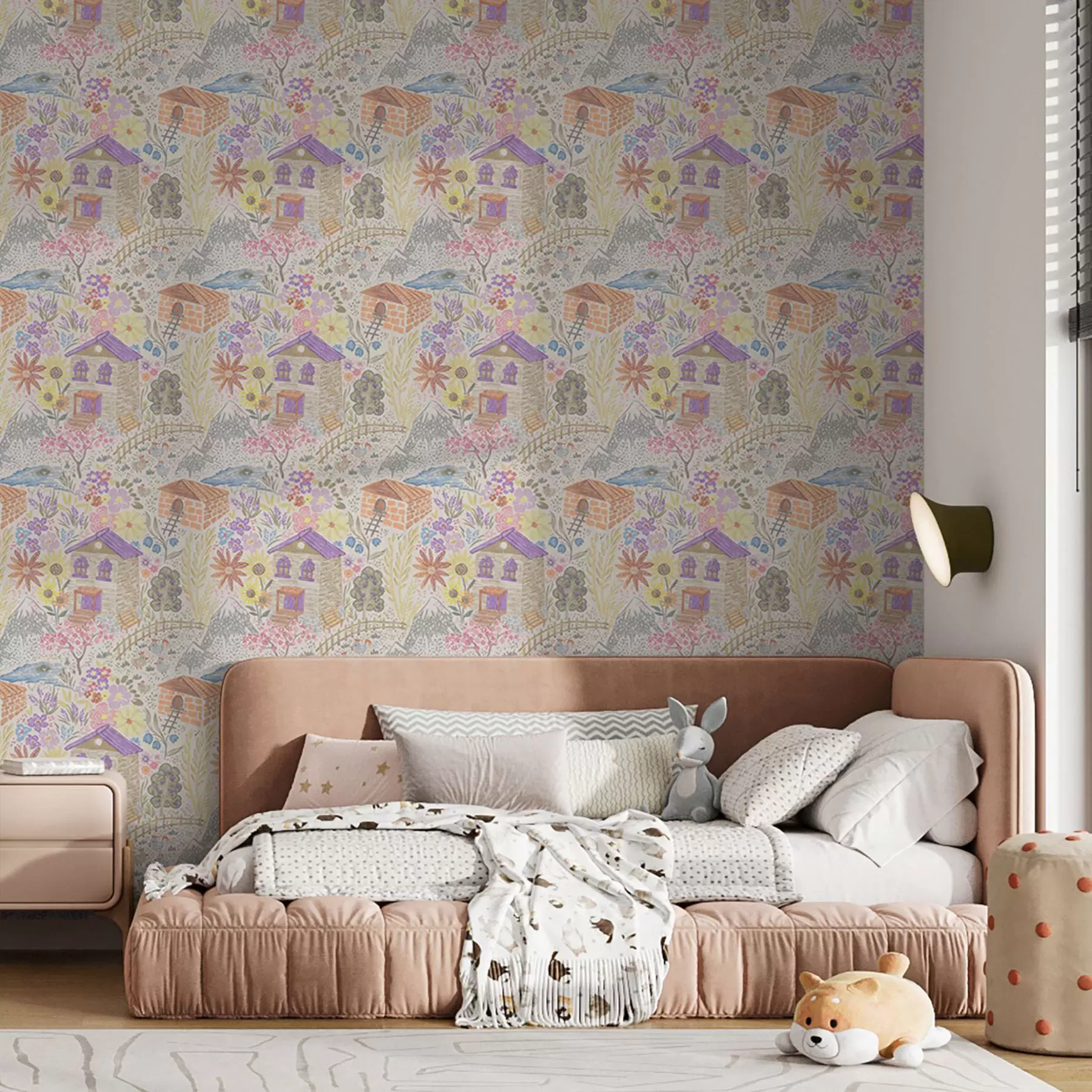 fotószőnyeg Gyermeki falurajz házzal, hegyekkel és virágokkal a00952