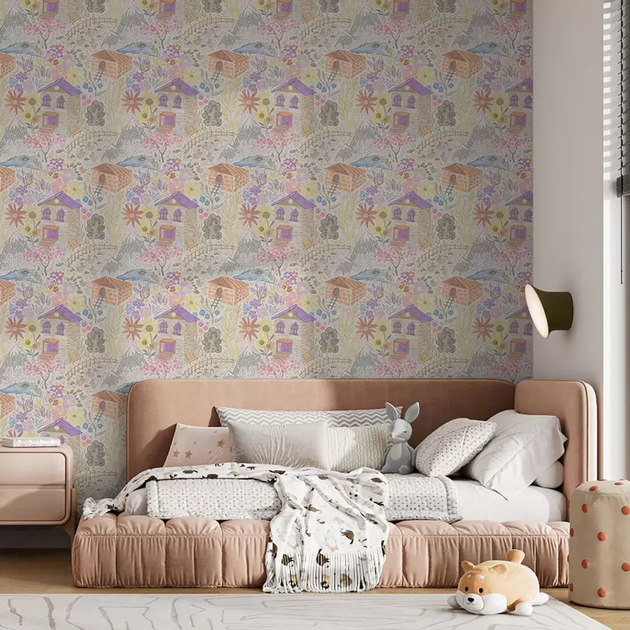 fotószőnyeg Gyermeki falurajz házzal, hegyekkel és virágokkal a00952