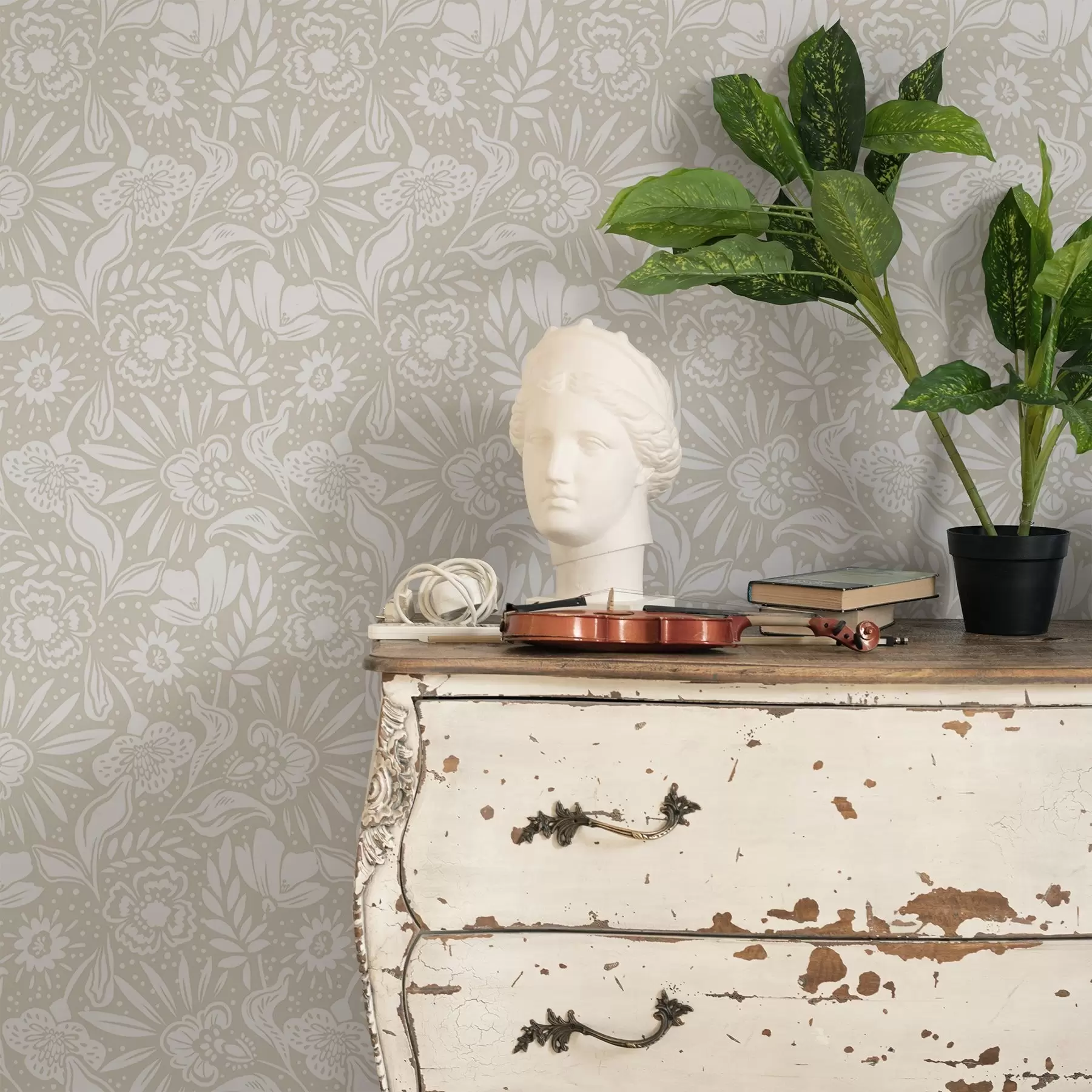 fotószőnyeg Fehér lineáris virágdíszítés bézs háttérrel a00956