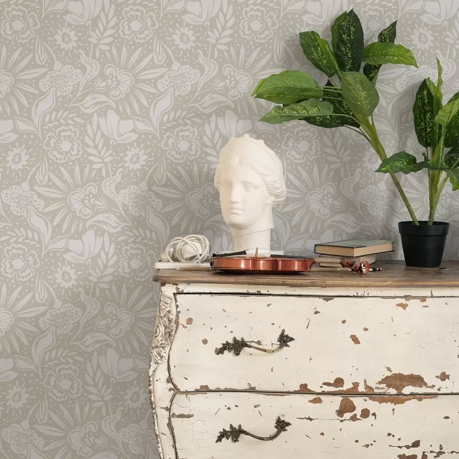 fotószőnyeg Fehér lineáris virágdíszítés bézs háttérrel a00956