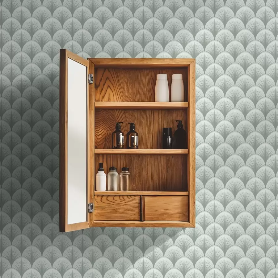 fotószőnyeg Mentás rajongói ívek sugarakkal, lágy zöldes háttérrel a00978v2