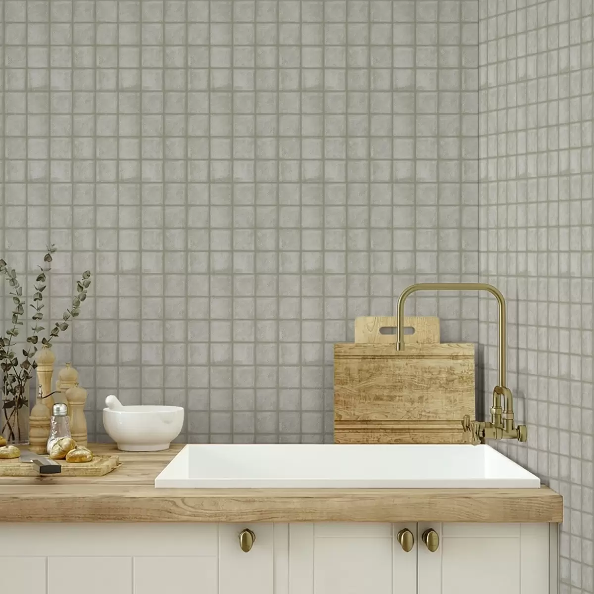 Háttérkép Négyzet alakú csempe utánzat puha szürkés-zöld színpalettában a00988