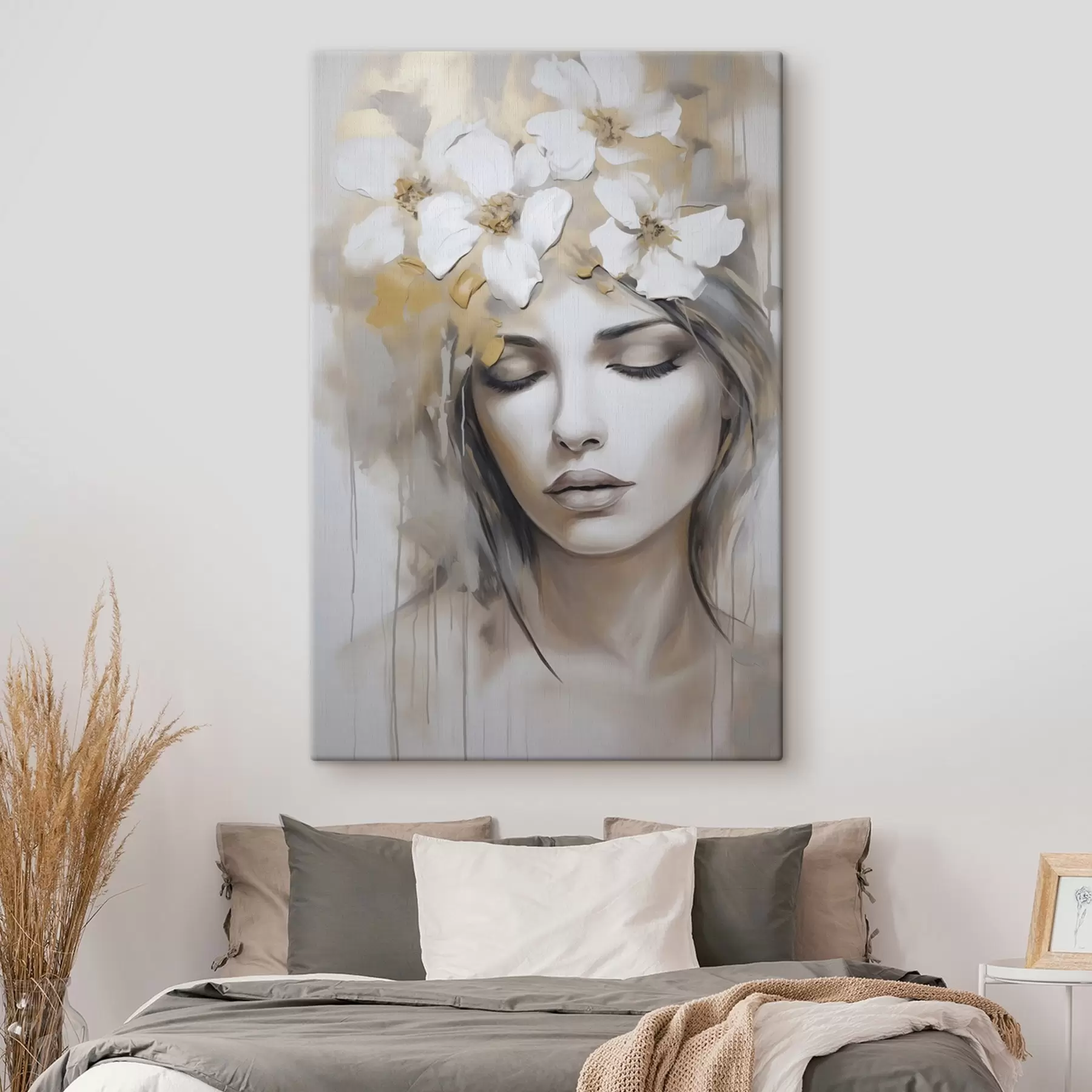 fotótapéta Absztrakt portré egy virágokkal díszített lányról, festmény utánzat s46756