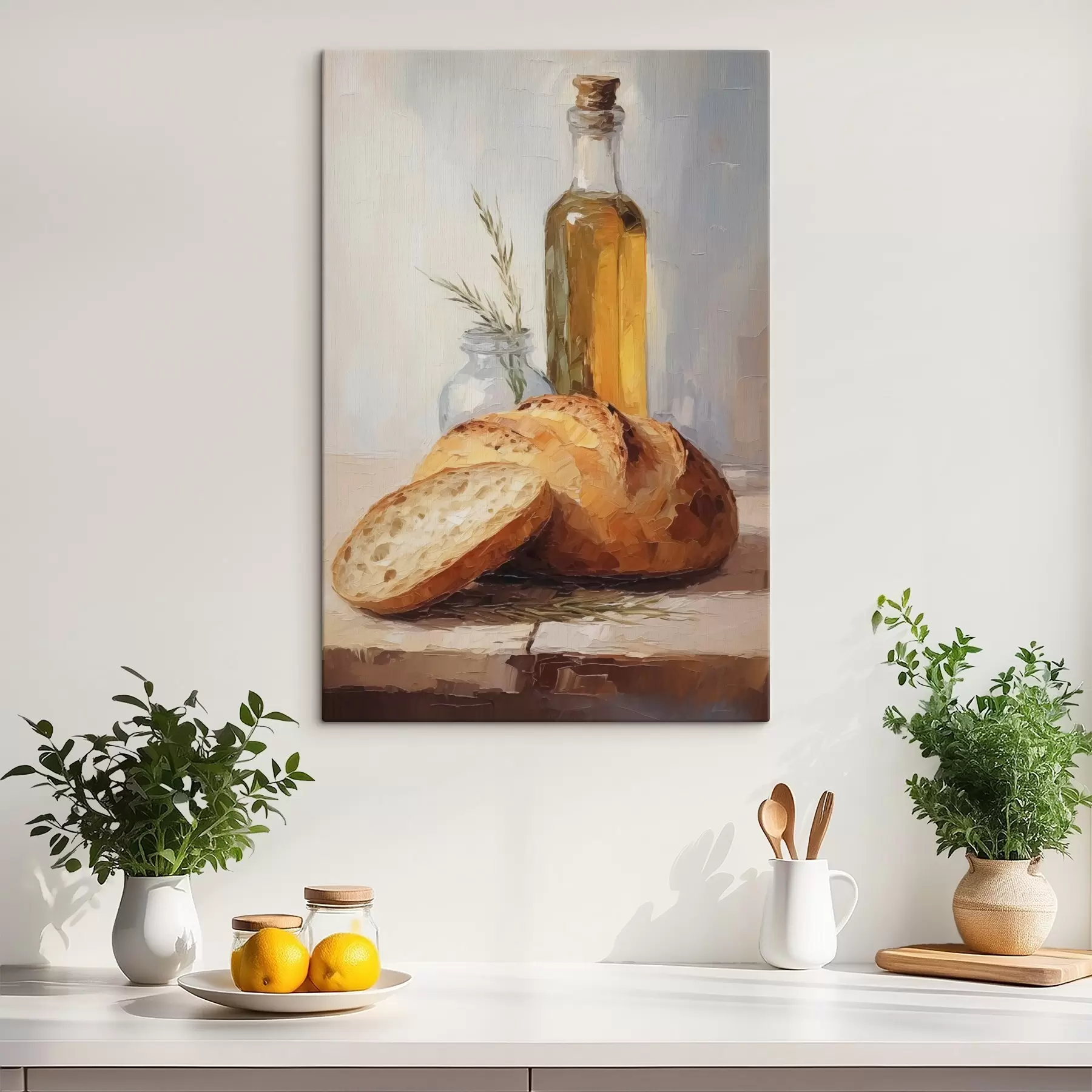 fotótapéta Kenyér és egy üveg olaj, utánzat festmény s46759