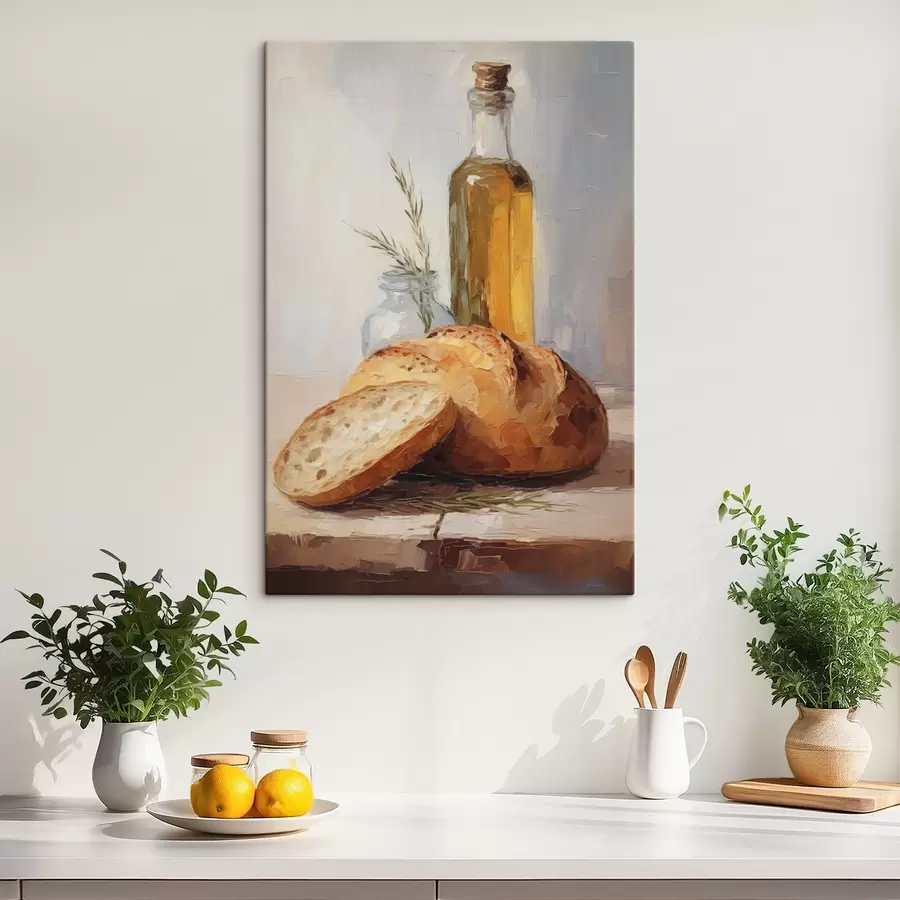 fotótapéta Kenyér és egy üveg olaj, utánzat festmény s46759