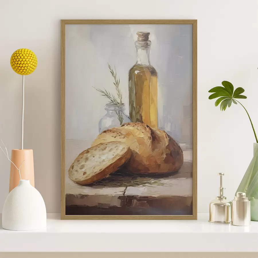 fotószőnyeg Kenyér és egy üveg olaj, utánzat festmény f46759