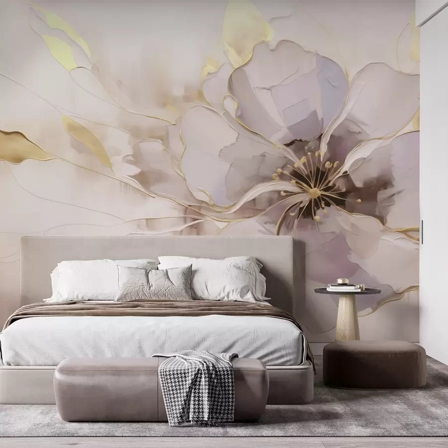 fotószőnyeg Kék virág sárga akcentussal, absztrakt ecsetvonásos stílusban w09505