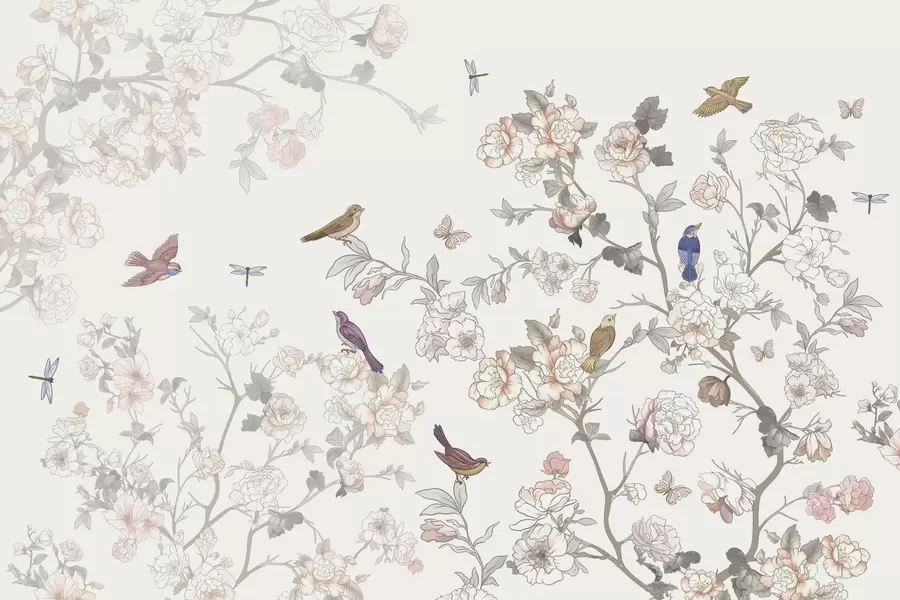 fotószőnyeg Madarak virágos ágak közelében w04939