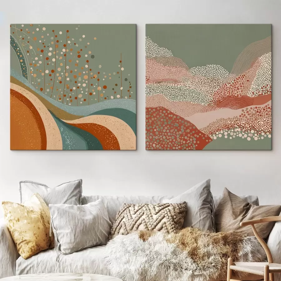 fotótapéta Kétrészes absztrakt táj pontokkal és hullámzó elemekkel m00987