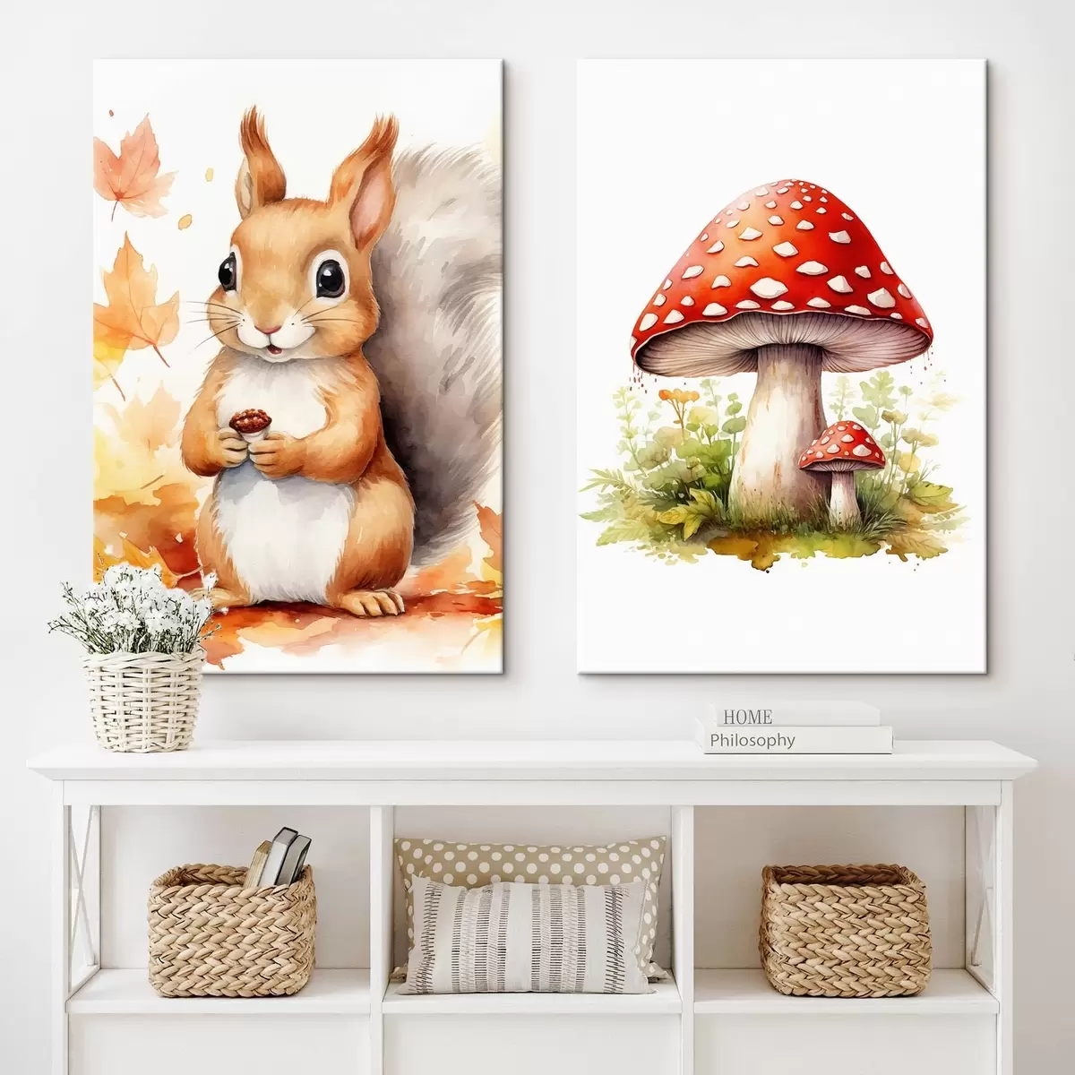 fotótapéta Mókus és erdei gomba, légygomba, imitált akvarell m01049