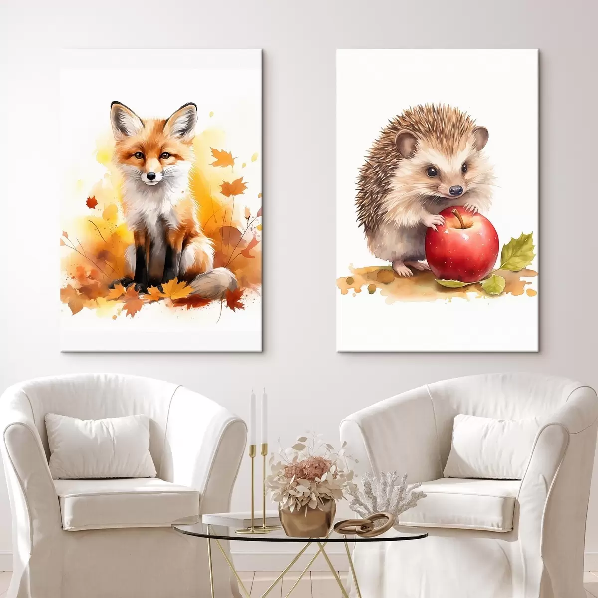 fotótapéta Róka és sündisznó, akvarell utánzat m01050