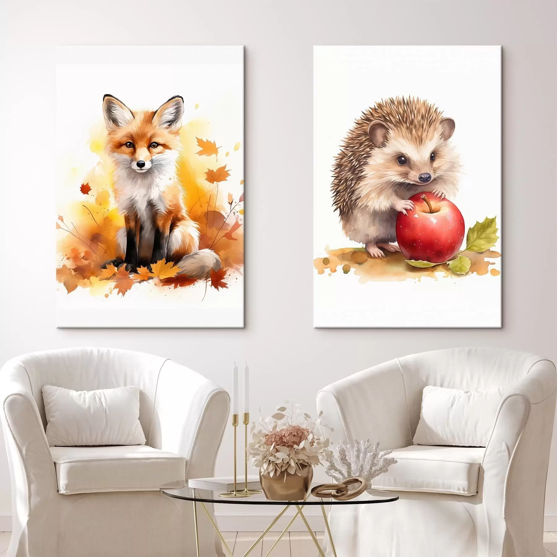 fotótapéta Róka és sündisznó, akvarell utánzat m01050