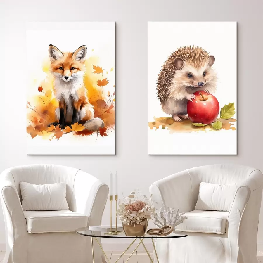 fotótapéta Róka és sündisznó, akvarell utánzat m01050