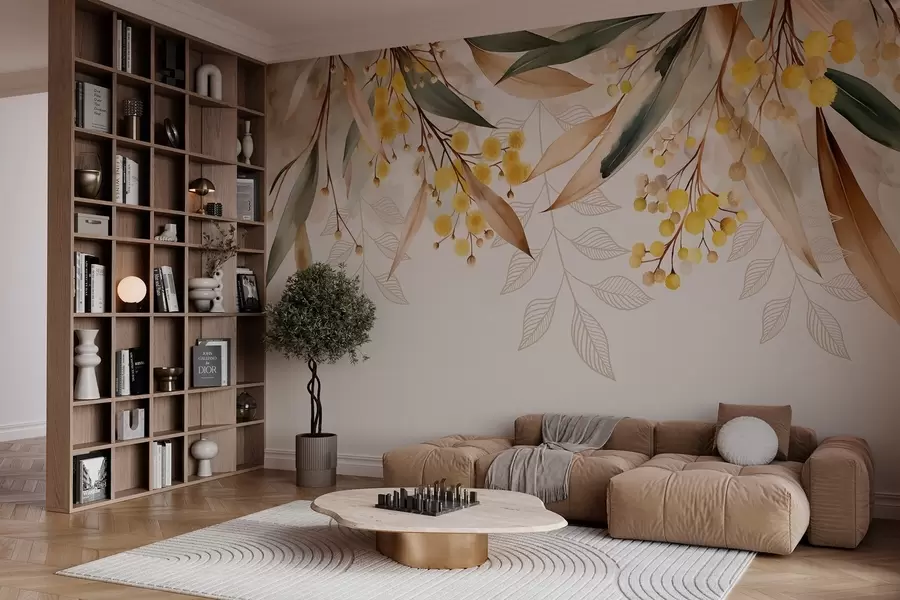 fotószőnyeg akvarell stílusban felülről hulló mimóza virágok és levelek w04880