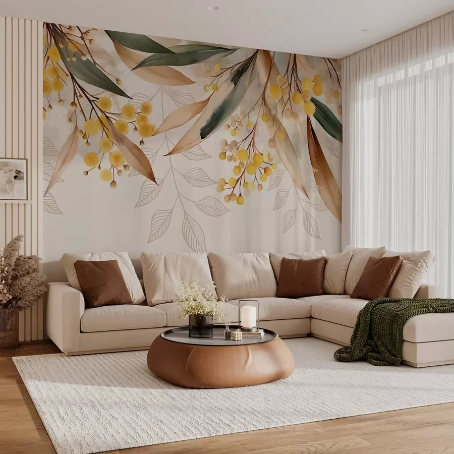 fotószőnyeg akvarell stílusban felülről hulló mimóza virágok és levelek w04880