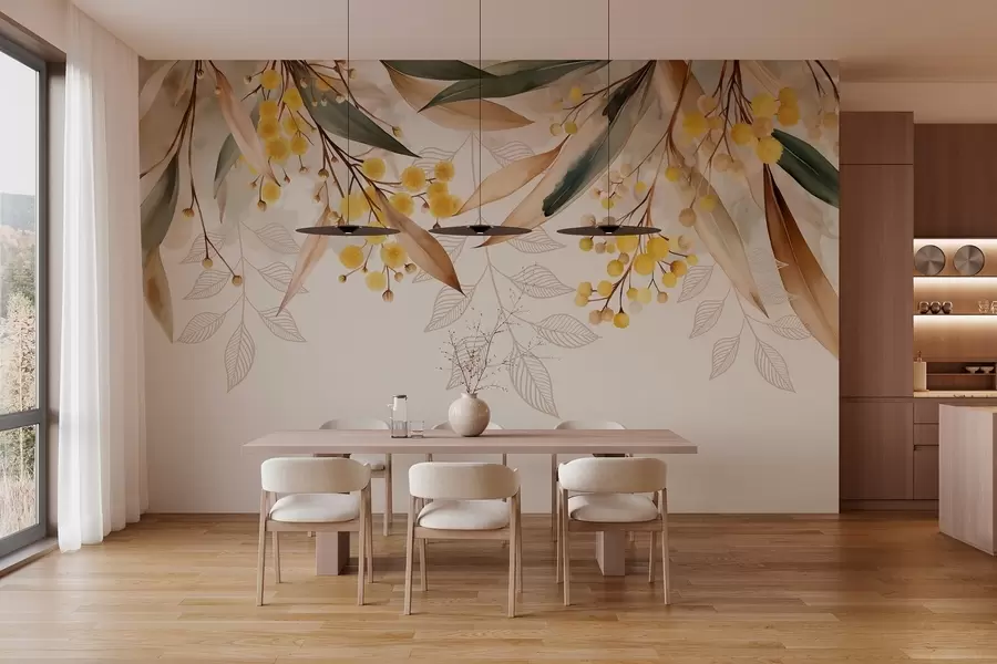 fotószőnyeg akvarell stílusban felülről hulló mimóza virágok és levelek w04880