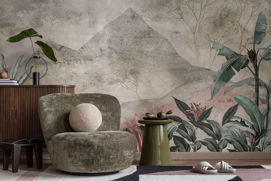 fotószőnyeg Pasztell színű banánlevelek és trópusi virágok a hegyek előtt w04933