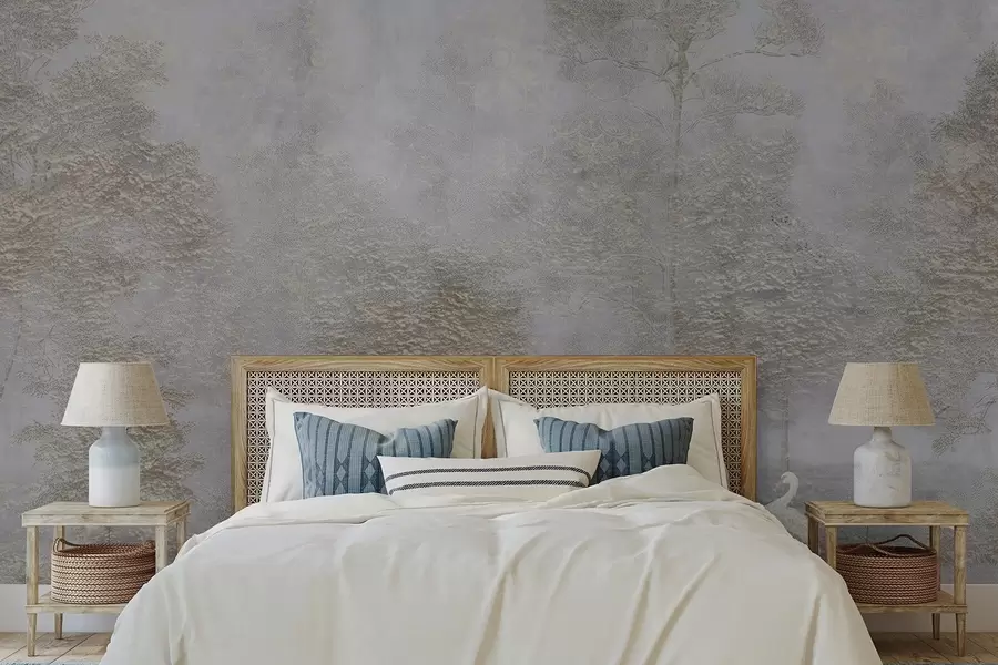 fotószőnyeg Ködös erdő fehér gémmel és lágy textúrával w04953