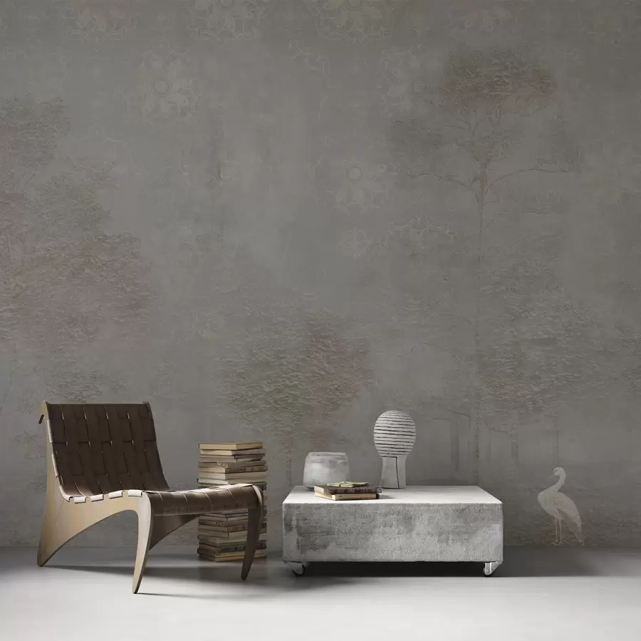 fotószőnyeg Ködös erdő, gólyával és díszes mintával a tetején w04953v1