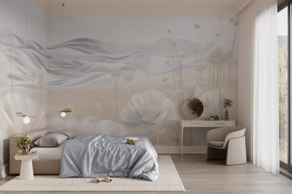 fotószőnyeg Texturált, krémes pipacsokkal borított mező, hullámzó dombok, halványkék ég, puha felhők, pasztell színek w09553