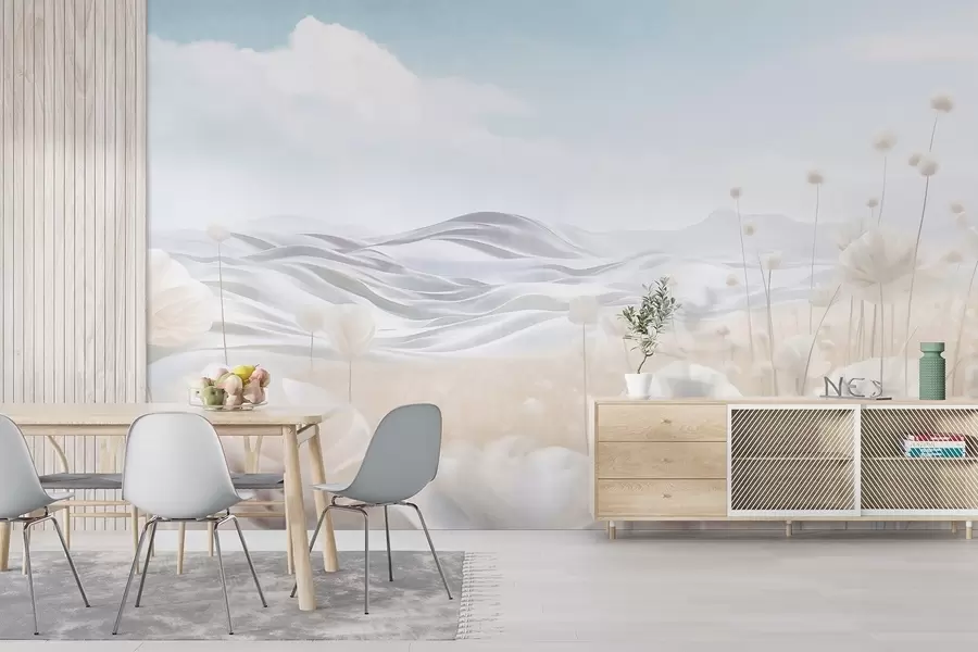 fotószőnyeg Texturált, krémes pipacsokkal borított mező, hullámzó dombok, halványkék ég, puha felhők, pasztell színek w09553