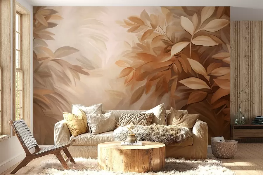 fotószőnyeg Barna és bézs színű levelek, puha, homályos textúrájú lombozattal, festői stílusban, látható ecsetvonásokkal w09584