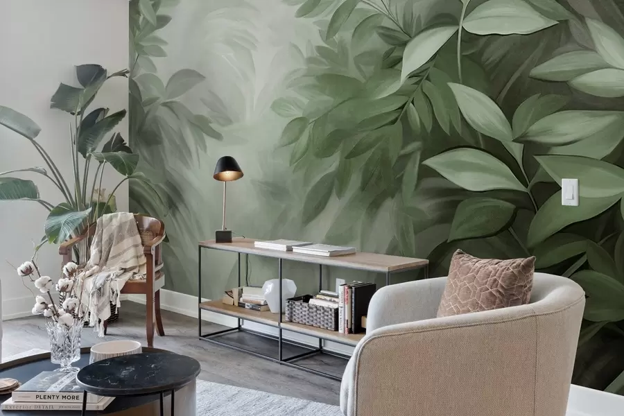 fotószőnyeg Zöld és szürke levelek, puha, homályos textúrájú lombozattal, festői stílusban, látható ecsetvonásokkal w09584v1