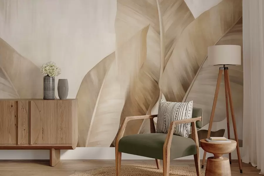 fotószőnyeg Texturált, nagy, világosbarna banánlevelek világos bézs háttér előtt, lágy és minimalista esztétikával w09586