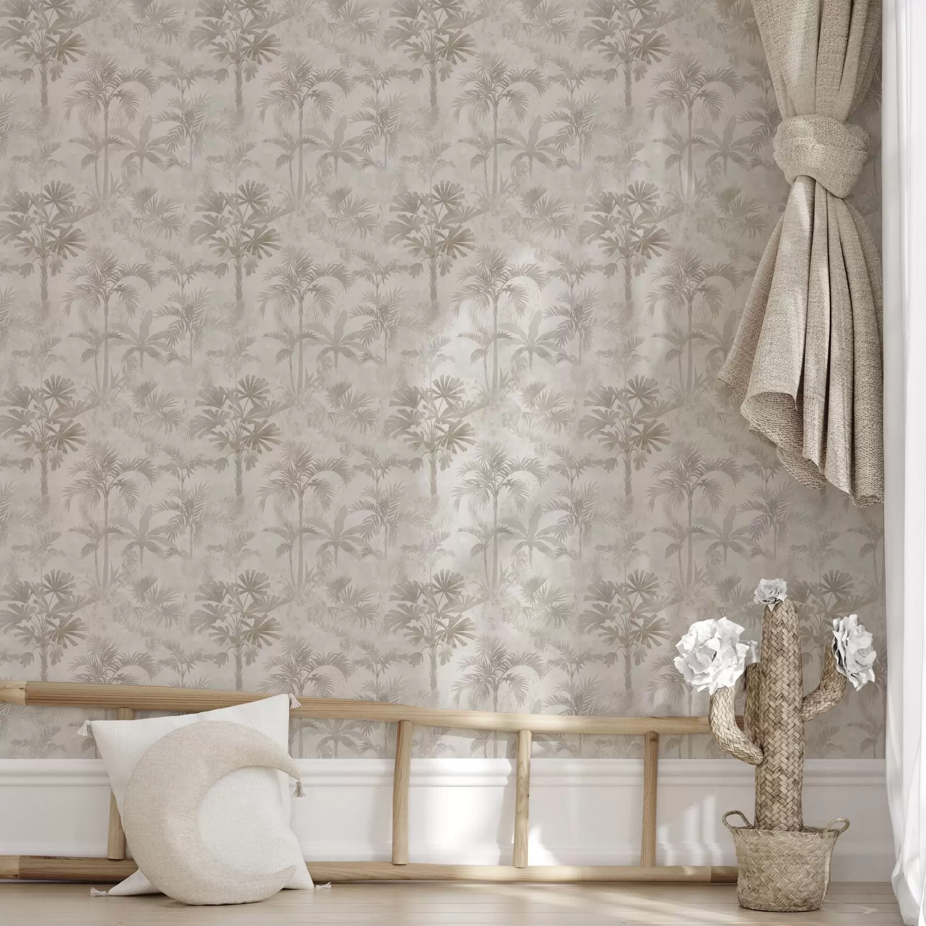 fotószőnyeg Ködös pálmaliget meleg bézs árnyalatokban a00881