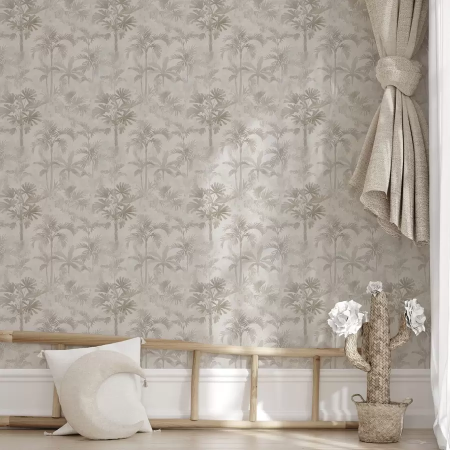 fotószőnyeg Ködös pálmaliget meleg bézs árnyalatokban a00881