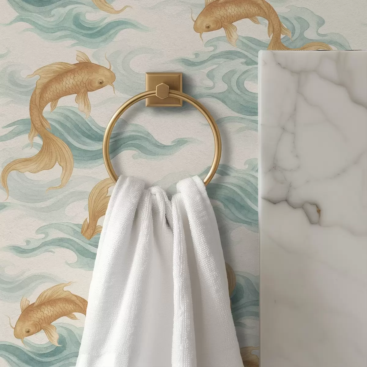 Háttérkép Borostyánszínű koi halak úsznak a lágy türkizkék hullámok között a00894