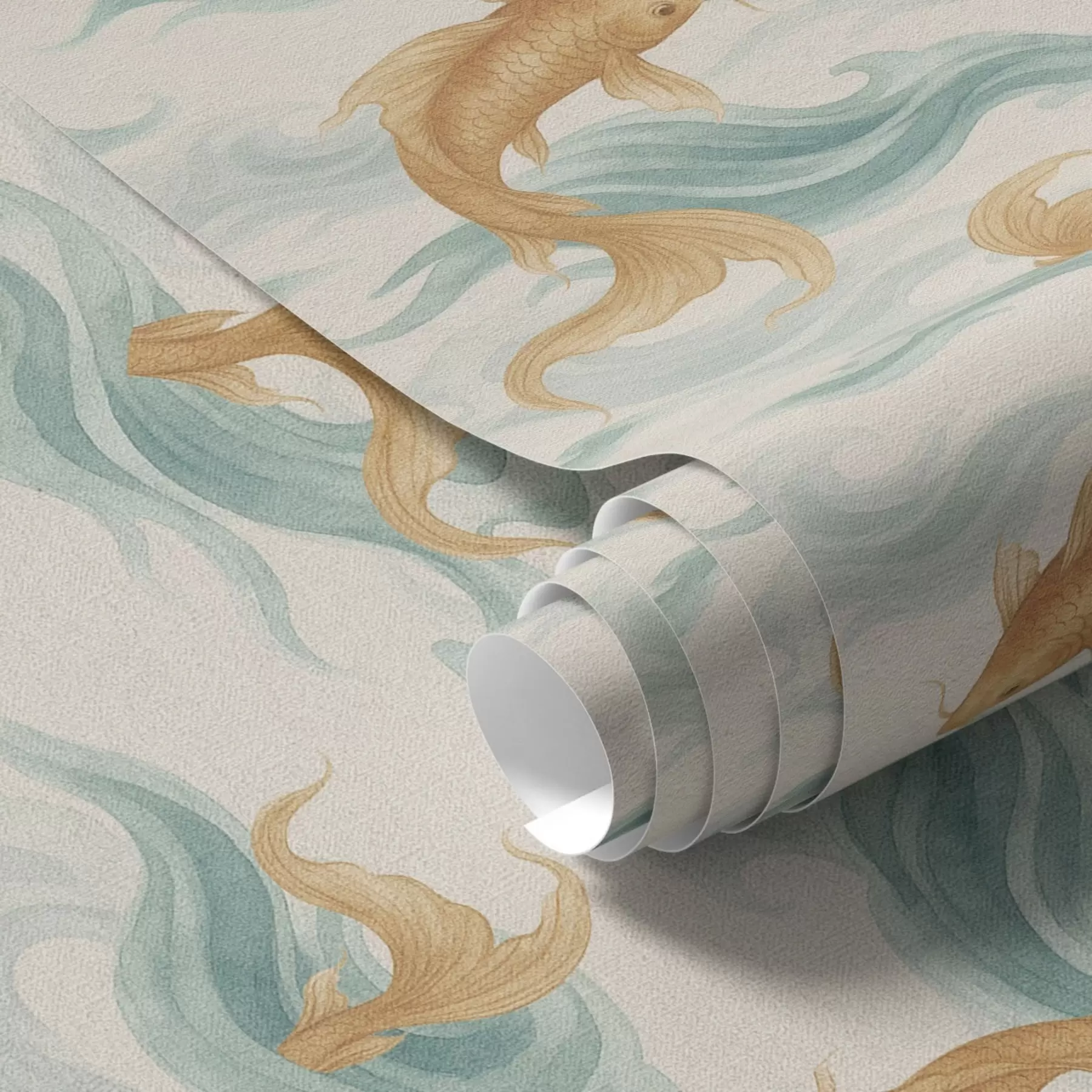 fotószőnyeg Borostyánszínű koi halak úsznak a lágy türkizkék hullámok között a00894