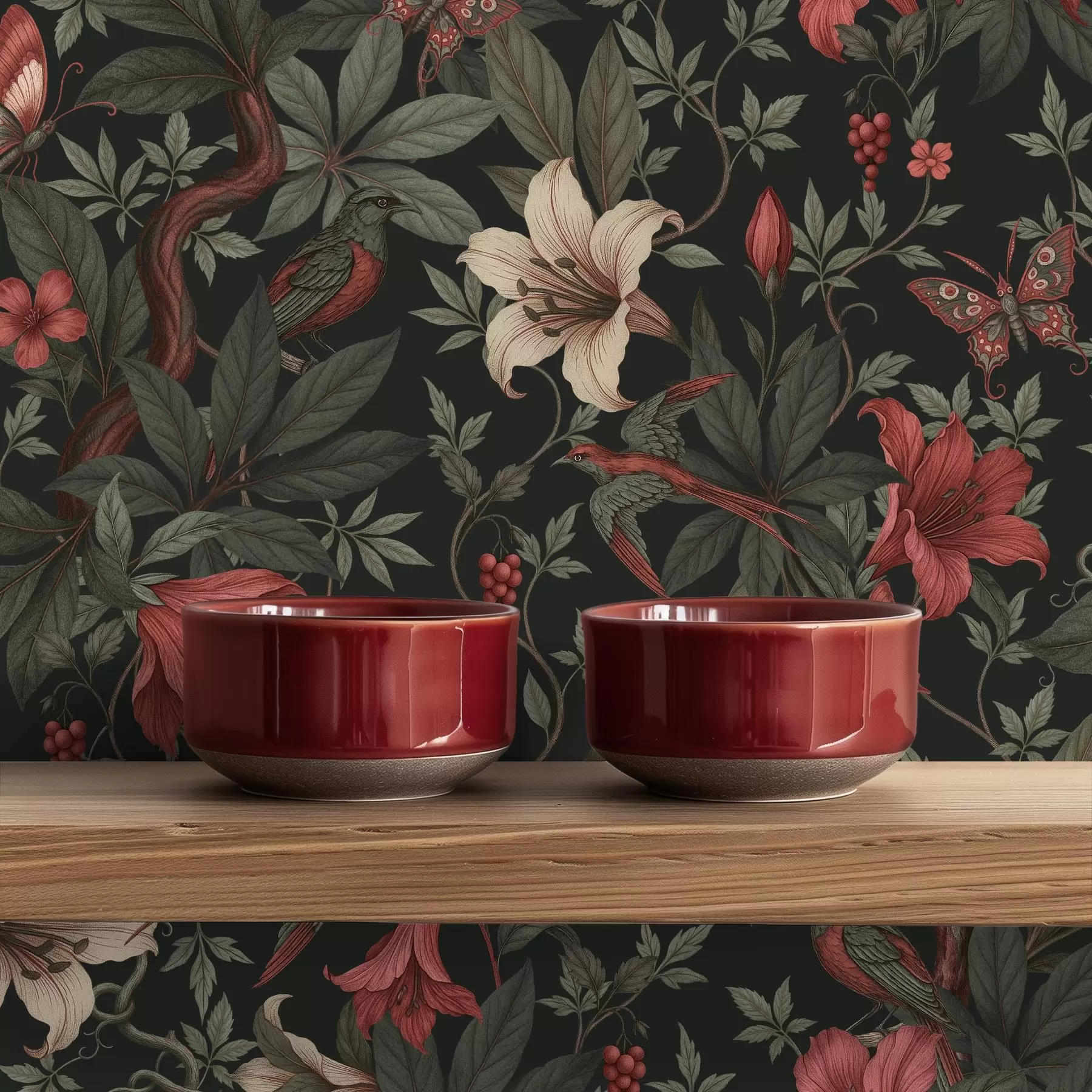 fotószőnyeg Sötét dzsungelvirágok madarakkal és lepkékkel a00895