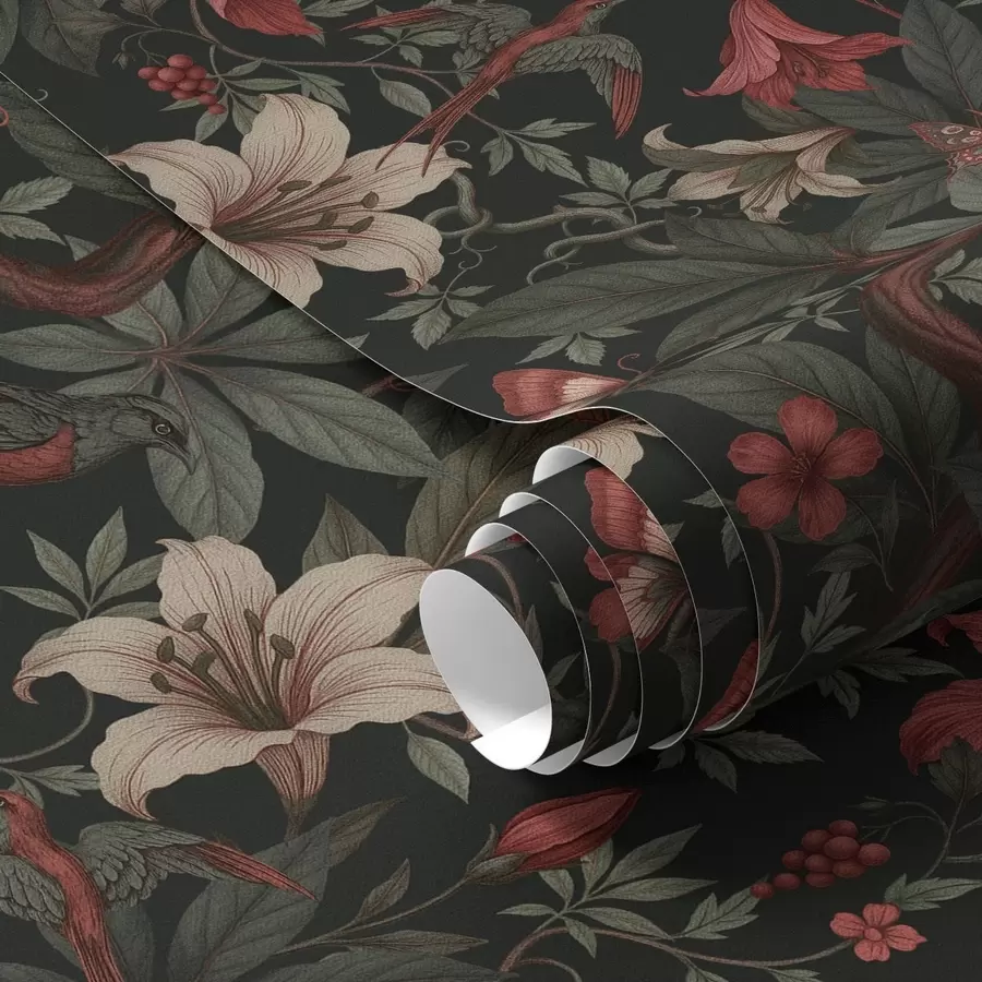 fotószőnyeg Sötét dzsungelvirágok madarakkal és lepkékkel a00895