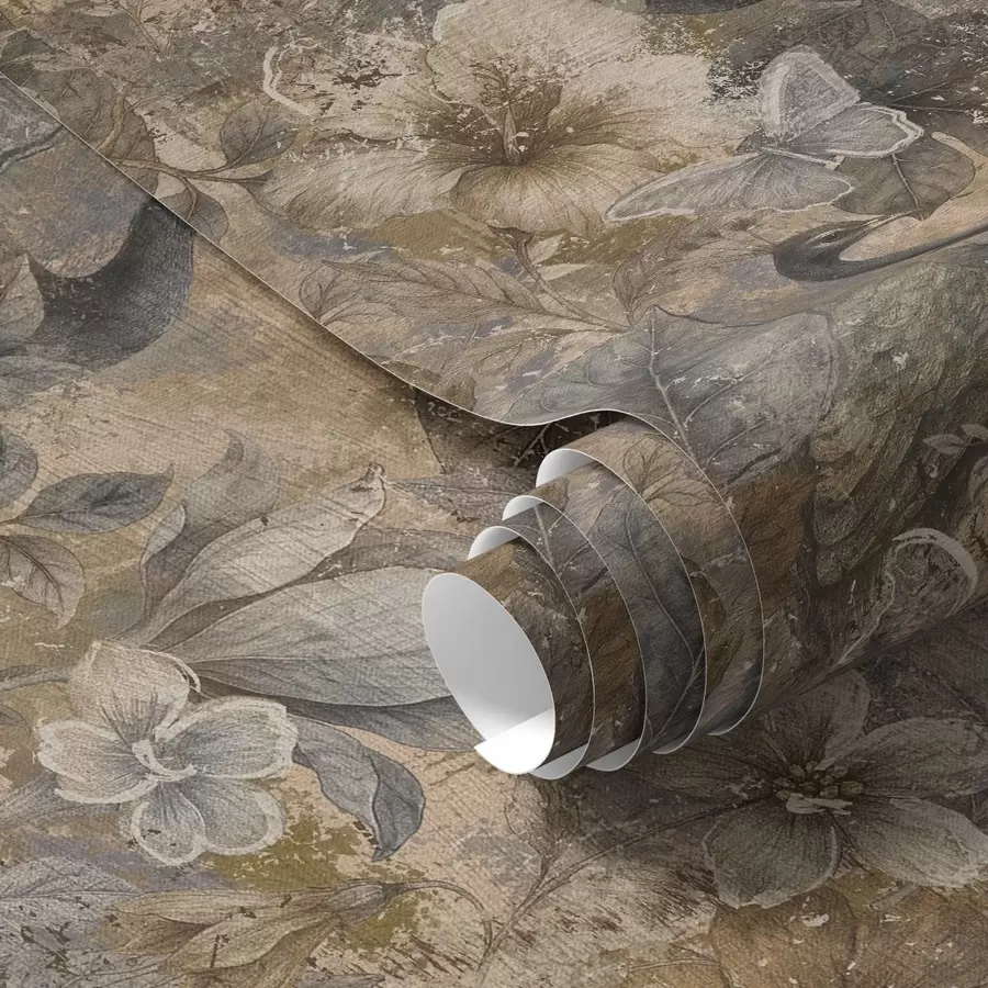 fotószőnyeg Öregített virágos kollázs pávákkal és lepkékkel a00897