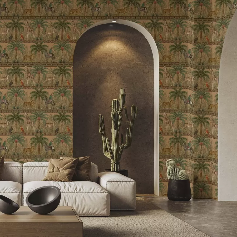 fotószőnyeg Dekoratív szavanna állatok pálmafák és szegélyek között a00898