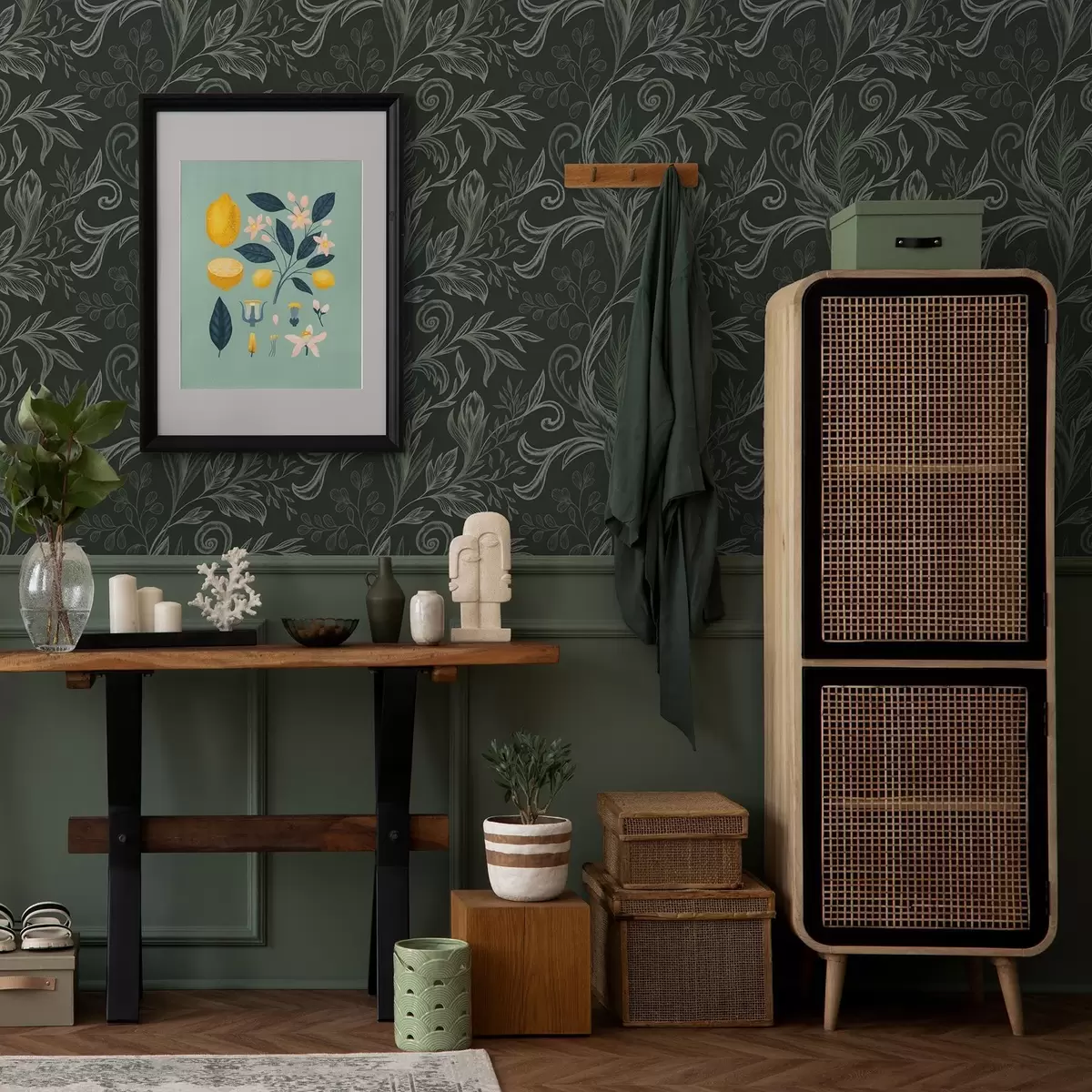 Háttérkép Mély erdőben hullámzó levelek krétás zöld árnyalatokban a00935v2