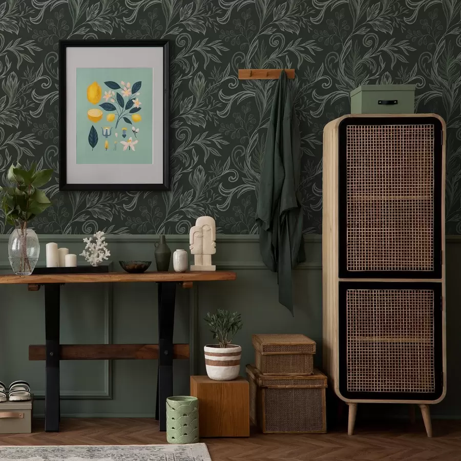 fotószőnyeg Mély erdőben hullámzó levelek krétás zöld árnyalatokban a00935v2