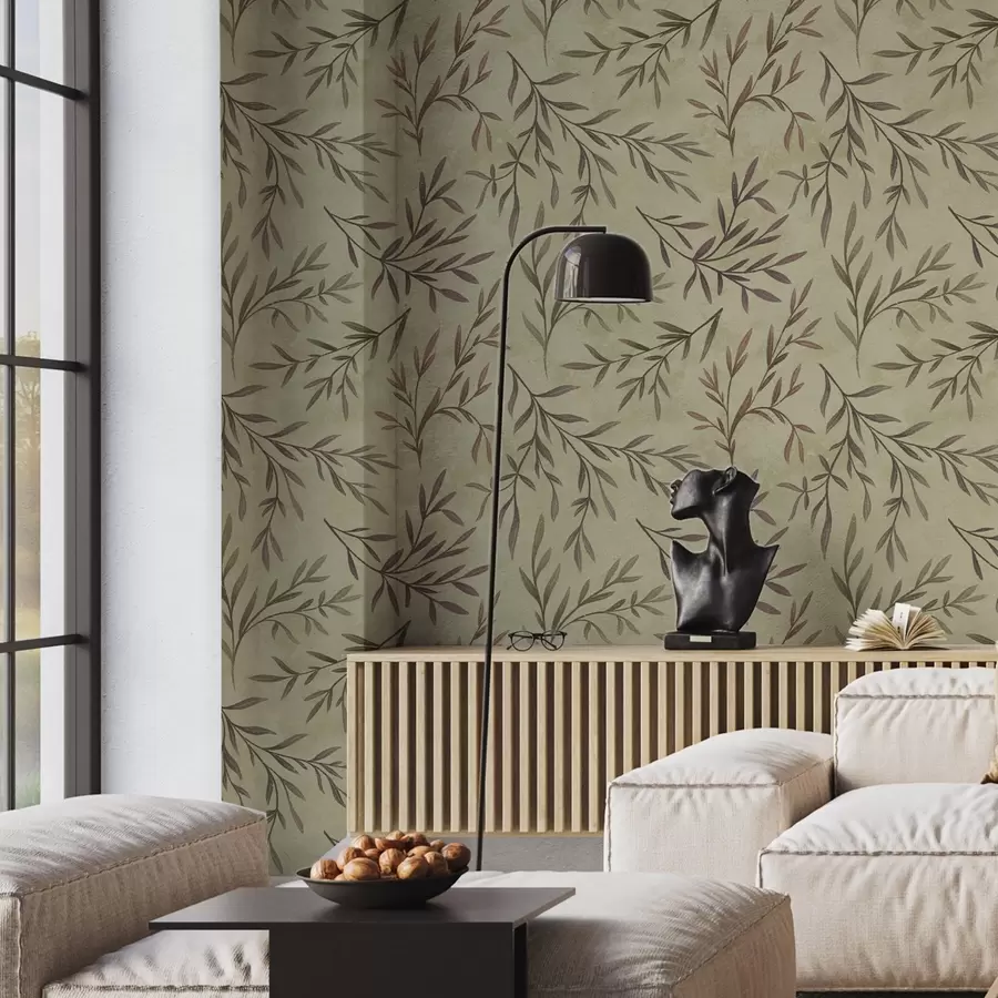 fotószőnyeg Lila és zöld ágak levelekkel meleg háttér előtt a00936v4