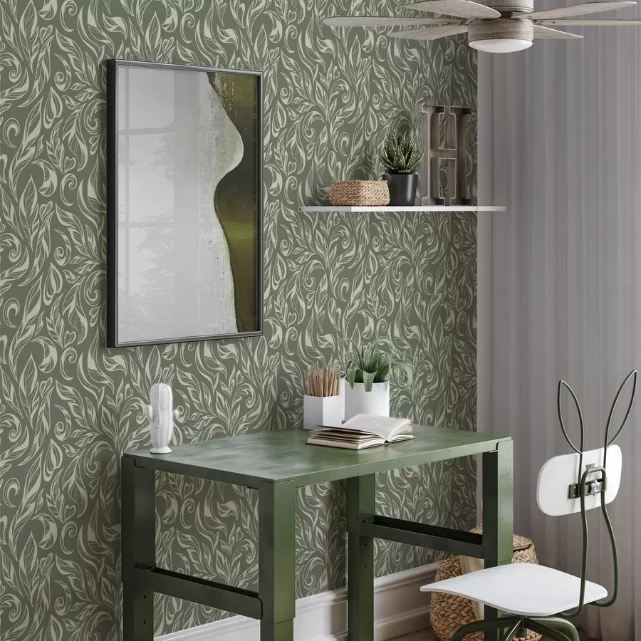 fotószőnyeg Krémes leveles díszítés zöldesszürke háttérrel a00940v2