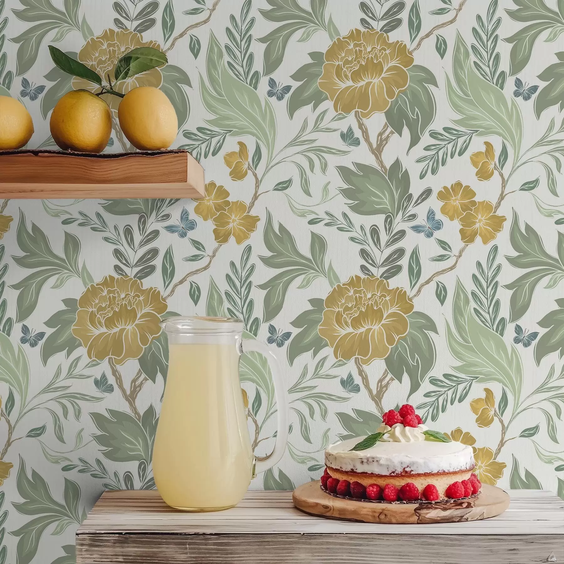 fotószőnyeg Nagy sárga pünkösdi rózsák és zöld növényzet világos háttér előtt a00941